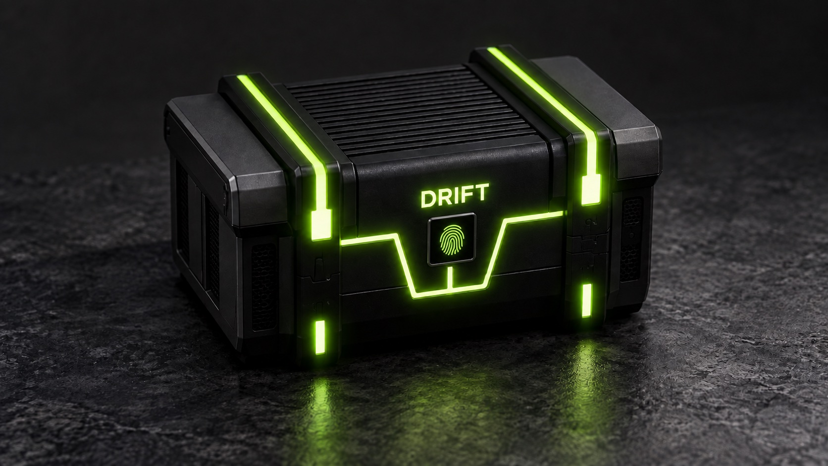 Concept of a compact Drift AI appliance with green lighting and a fingerprint reader.